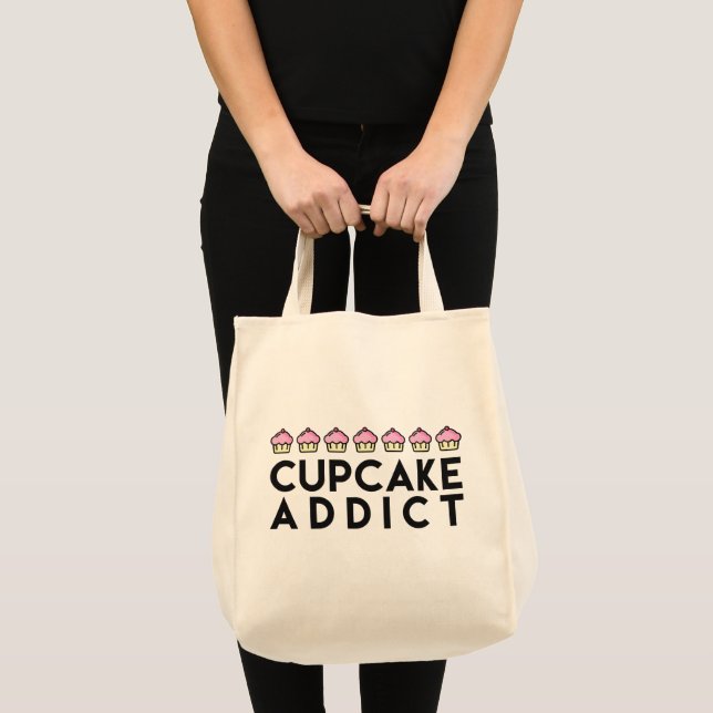 CUPCAKE ADDICT Fun Quote Grocery Tote Bag (Front (Product))