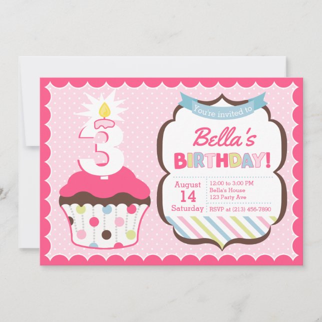 Cupcake Age Candle Girly Birthday Invitation (Front)