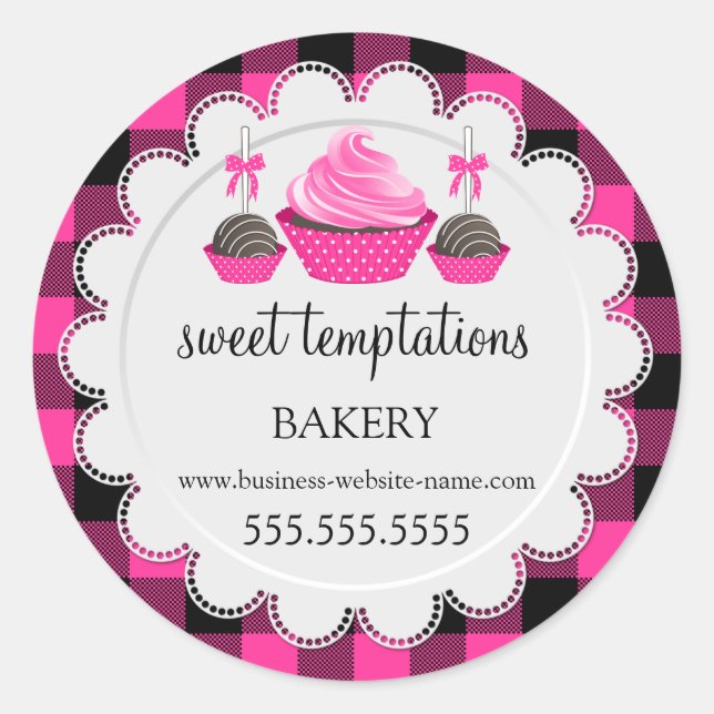 Cupcake and Cake Pops Buffalo Plaid Bakery Classic Round Sticker (Front)