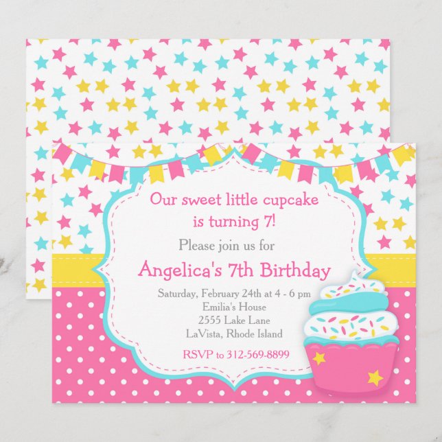 Cupcake and Sprinkles Pink Birthday Party Invitation (Front/Back)