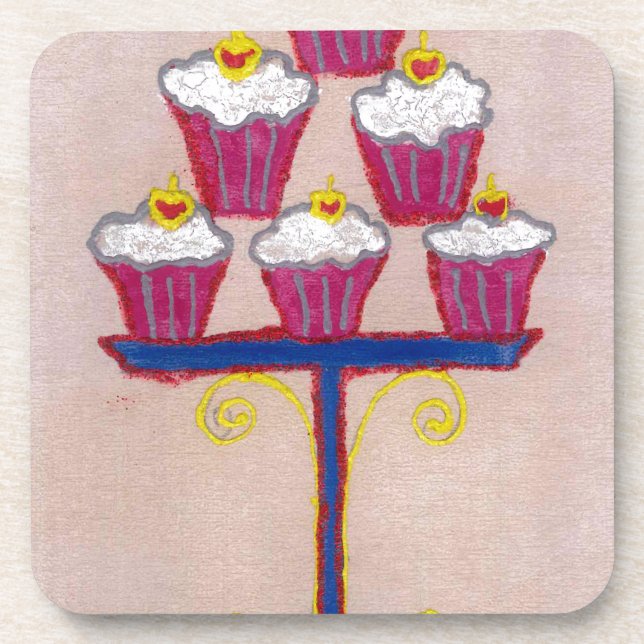 Cupcake Art Print with Cherry and Pink Background Beverage Coaster (Front)