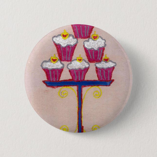 Cupcake Art Print with Cherry and Pink Background Button (Front)
