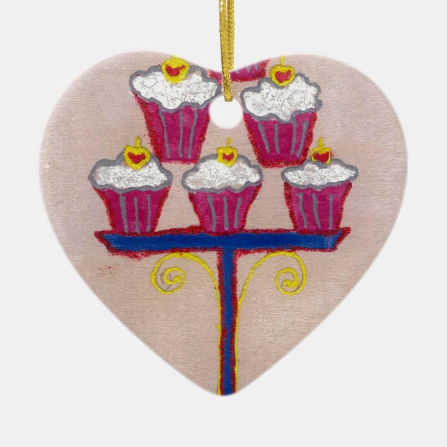 Cupcake Art Print with Cherry and Pink Background Ceramic Ornament (Front)