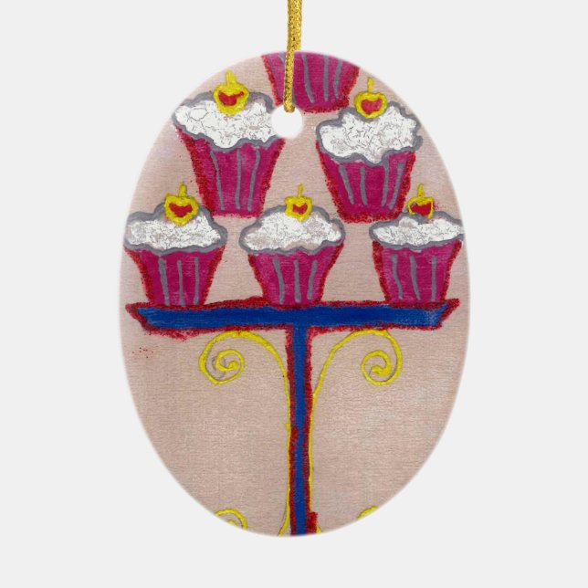 Cupcake Art Print with Cherry and Pink Background Ceramic Ornament (Front)