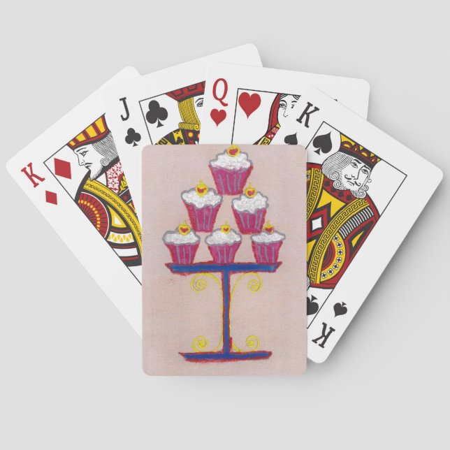 Cupcake Art Print with Cherry and Pink Background Poker Cards (Back)