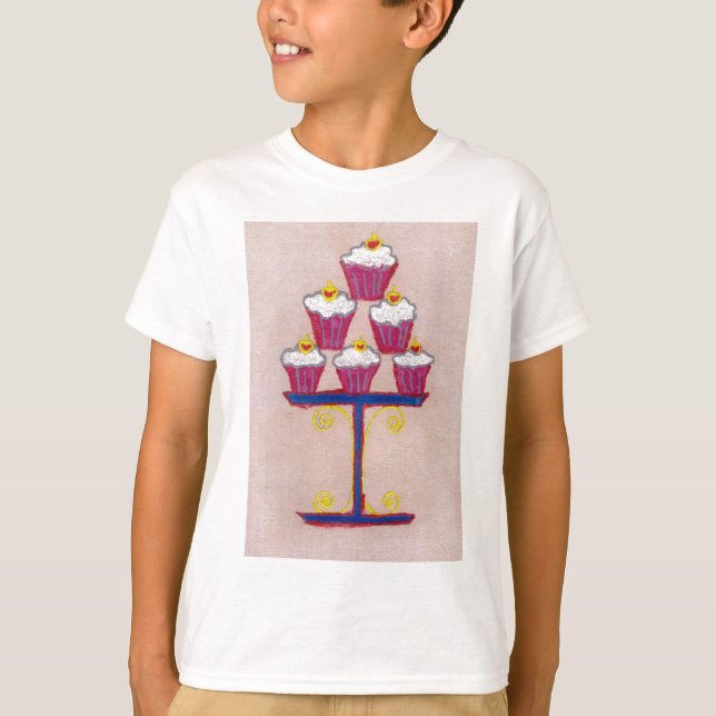 Cupcake Art Print with Cherry and Pink Background T-Shirt (Front)