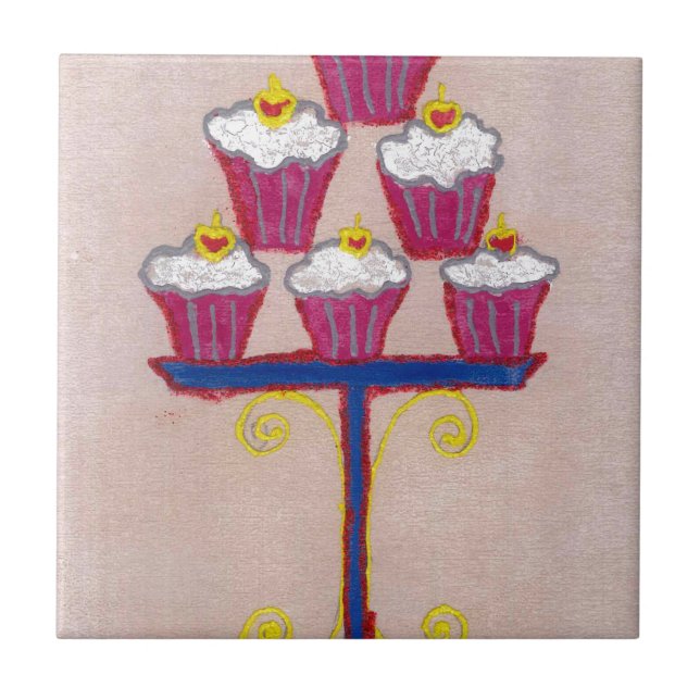 Cupcake Art Print with Cherry and Pink Background Tile (Front)