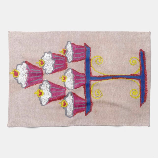 Cupcake Art Print with Cherry and Pink Background Towel (Horizontal)