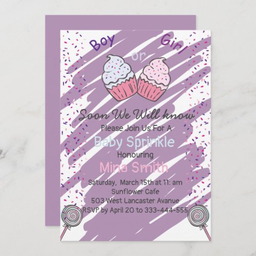 cupcake baby sprinkle purple invitation