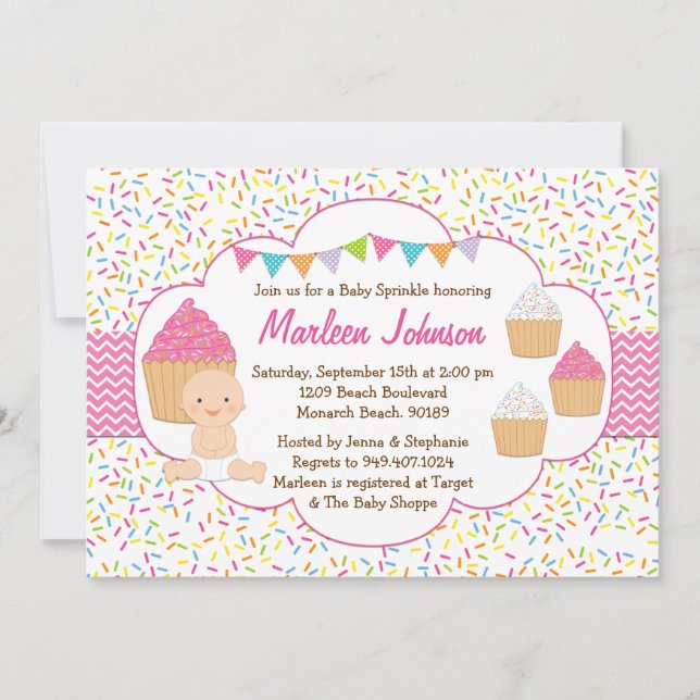 Cupcake Baby Sprinkle Shower Invitation Pink Girl (Front)