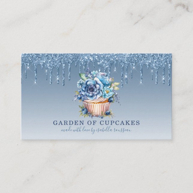 Cupcake Baker Floral Cupcake Blue Glitter Drips Business Card (Front)