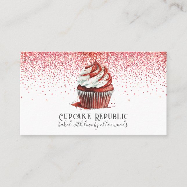 Cupcake Baker Pastry Chef Red Velvet Pink Glitter Business Card (Front)