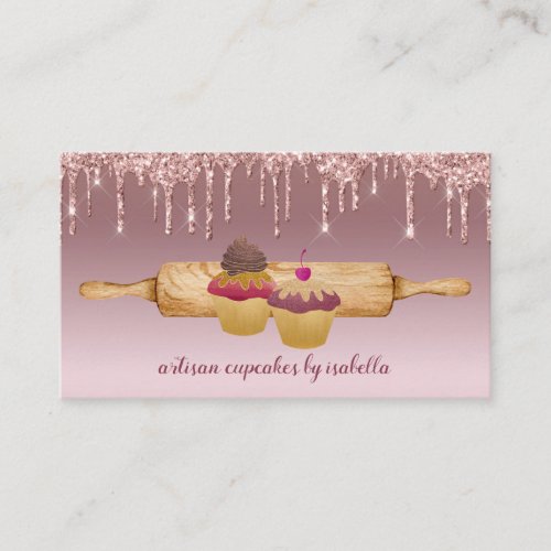 Cupcake Bakery Baker Rose Gold Glitter Drips Business Card