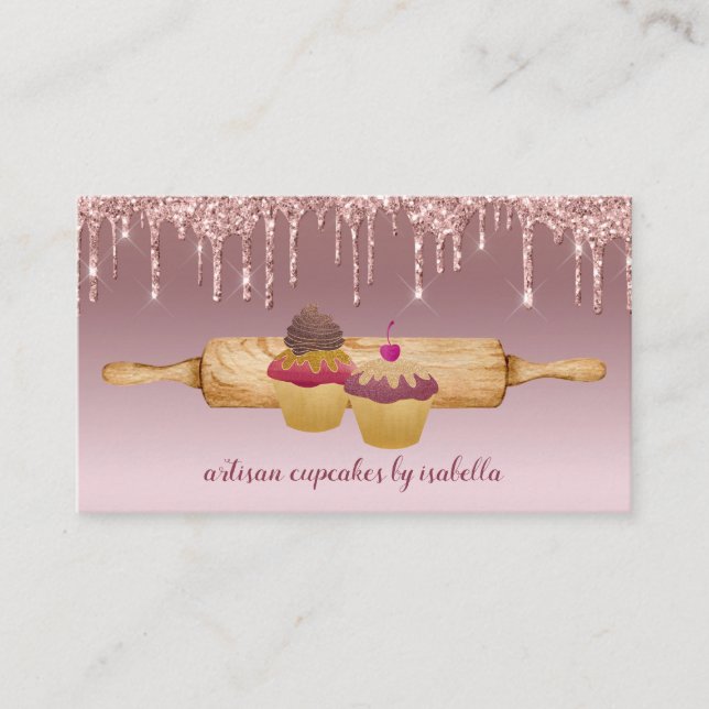 Cupcake Bakery Baker Rose Gold Glitter Drips Business Card (Front)