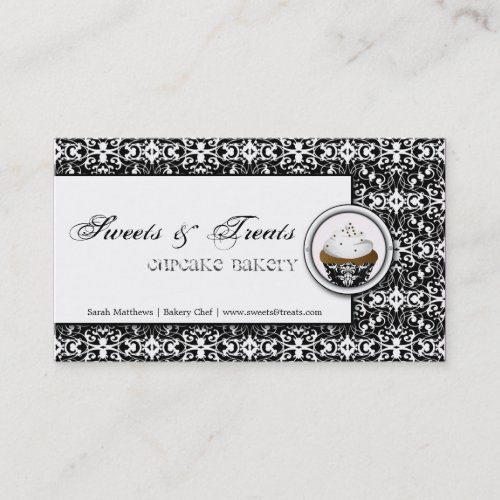 Cupcake Bakery Black White Damask Business Card