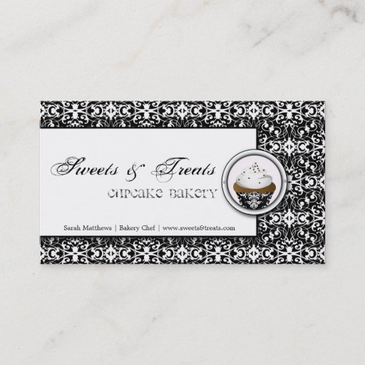 Customizable Cupcake Bakery Black White Damask Business Card
