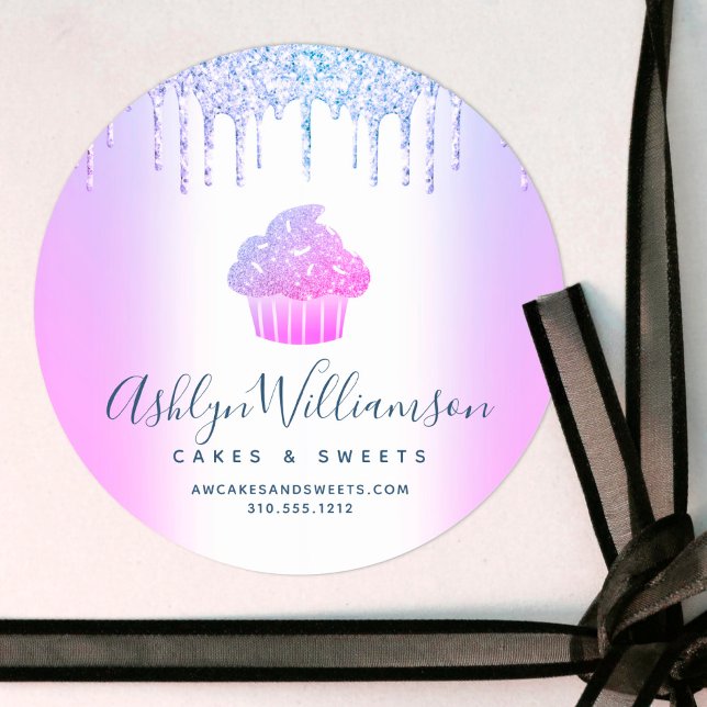 Cupcake Bakery Chef Chic Purple Blue Glitter Drips Classic Round Sticker (Creator Uploaded)
