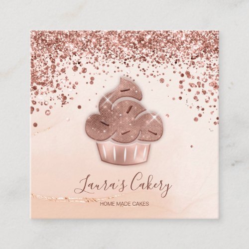 Cupcake Bakery Chef Glitter  Rose Gold Blush Pink Square Business Card