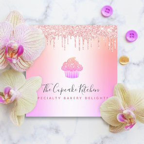 Cupcake Bakery Chef Pink Rainbow Rose Glitter Drip Square Business Card