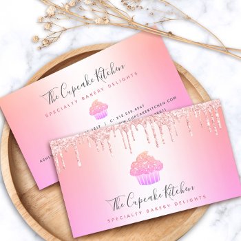 Cupcake Bakery Chef Pink Rose Glitter Drip Rainbow Business Card by Luceworks at Zazzle