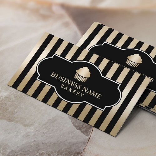 Cupcake Bakery Classy Black  Gold Stripes Modern Business Card