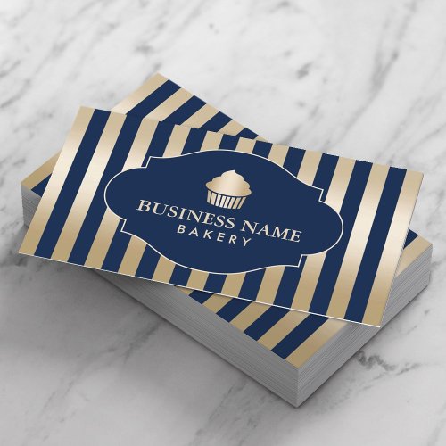 Cupcake Bakery Classy Navy  Gold Stripes Modern Business Card