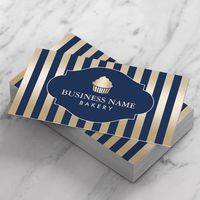 Cupcake Bakery Classy Navy & Gold Stripes Modern Business Card (Creator Uploaded)