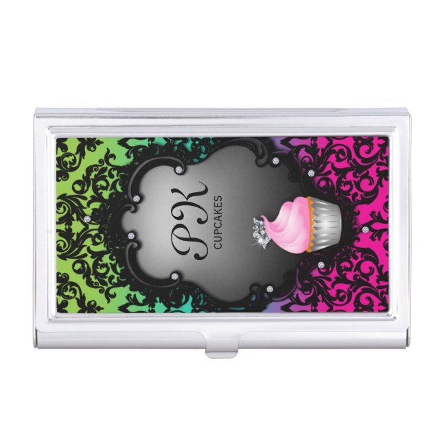 Cupcake Bakery Damask Cute Monogram Business Card Holder (Front)
