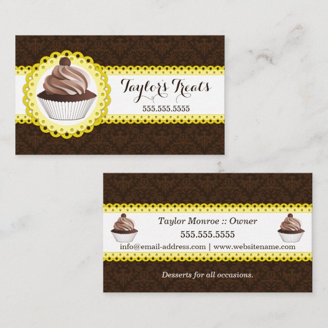 Cupcake Bakery Damask Scalloped Border Business Card (Front/Back)