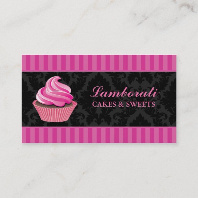 Cupcake Bakery Elegant Damask Floral Pattern Business Card (Front)