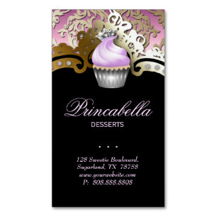 Cupcake Bakery Elegant Damask Purple Gold Business Card Magnet