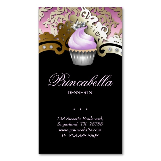 Cupcake Bakery Elegant Damask Purple Gold Business Card Magnet (Front Vertical)