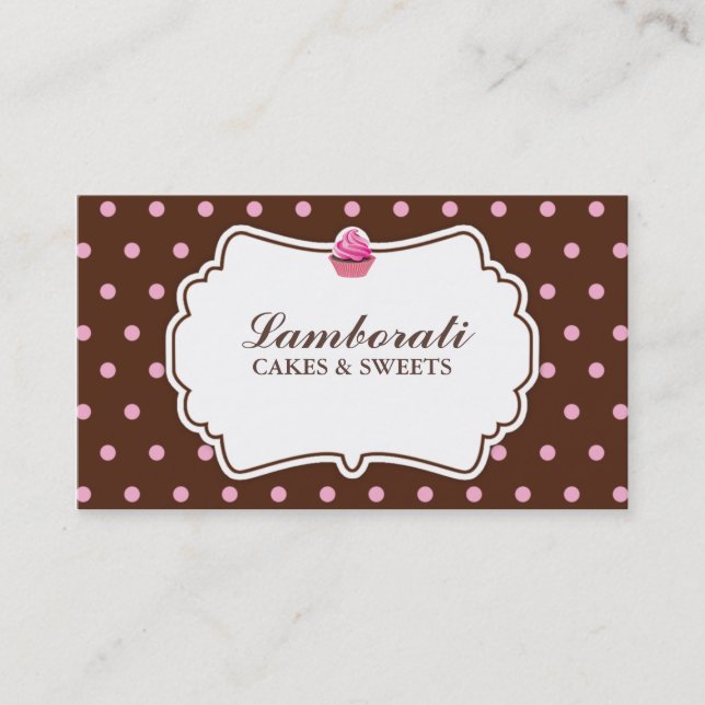 Cupcake Bakery Elegant Pink on Brown Dot Pattern Business Card (Front)