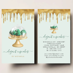 Cupcake Bakery Emerald Green Faux Gold Foil Drip Business Card