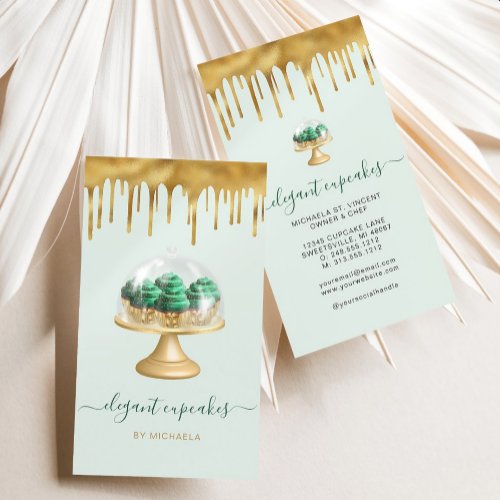 Cupcake Bakery Emerald Green Faux Gold Foil Drip Business Card