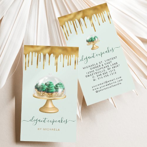 Cupcake Bakery Emerald Green Faux Gold Foil Drip Business Card