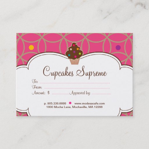 Customizable Cupcake Bakery Gift Certificate Dots Pink White Business Card Template