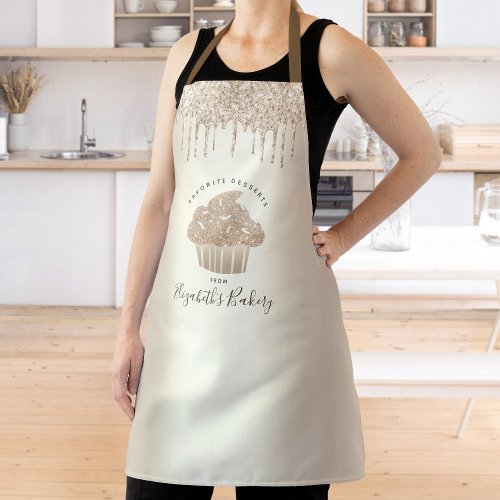 Cupcake Bakery Girly Gold Glitter Drips Typography Apron