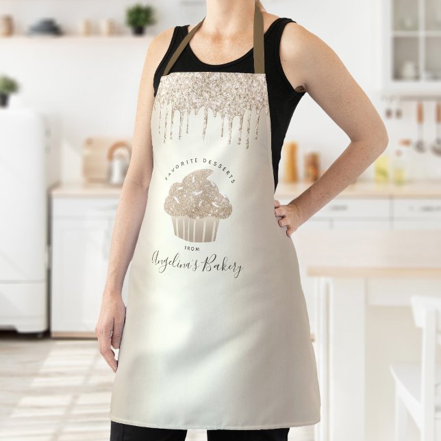 Cupcake Bakery Gold Glitter Drips Script Girly Apron (Creator Uploaded)
