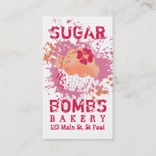 Cupcake bakery ink blot grunge splatter pink business card (Front)