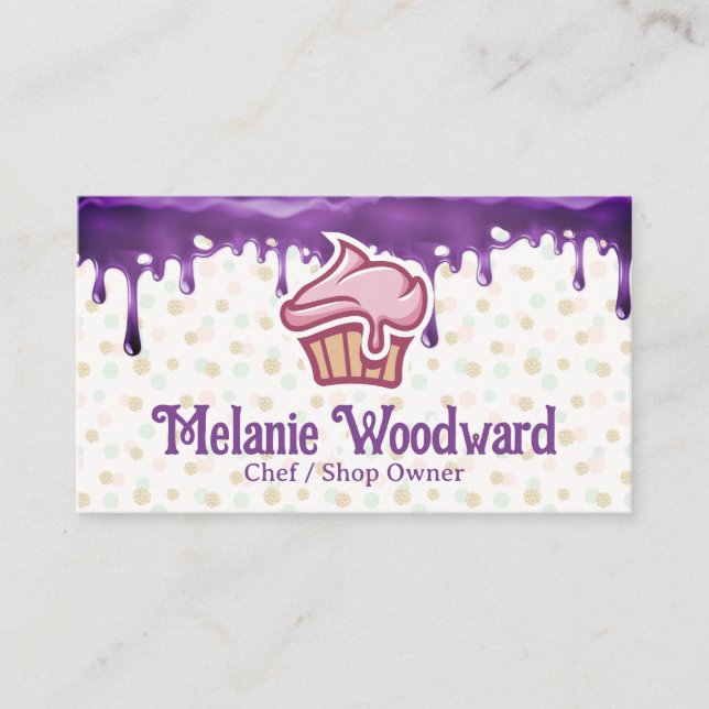 Cupcake Bakery Logo | Purple Icing Drip Business Card (Front)