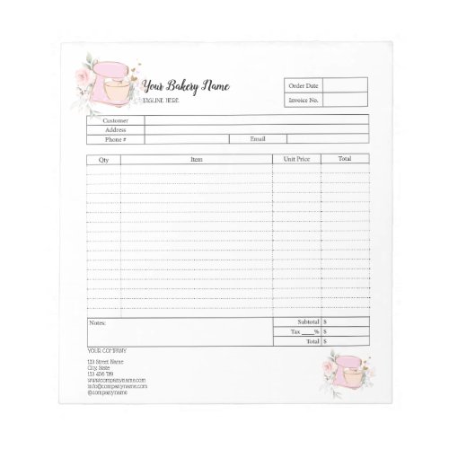 Cupcake Bakery Mixer Order Form Invoice  Notepad