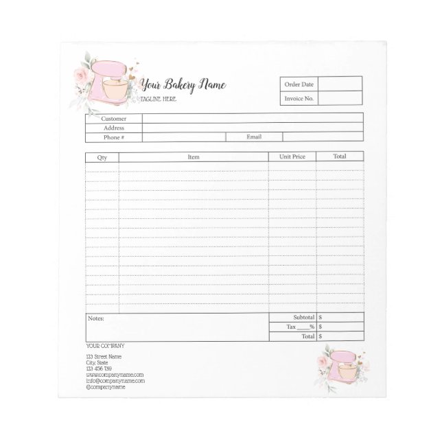 Cupcake Bakery Mixer Order Form Invoice  Notepad (Front)