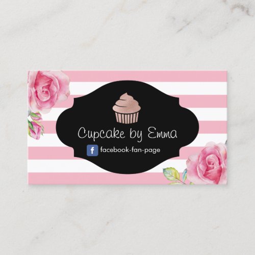 Cupcake Bakery Modern Pink Stripes Sweet Floral Business Card