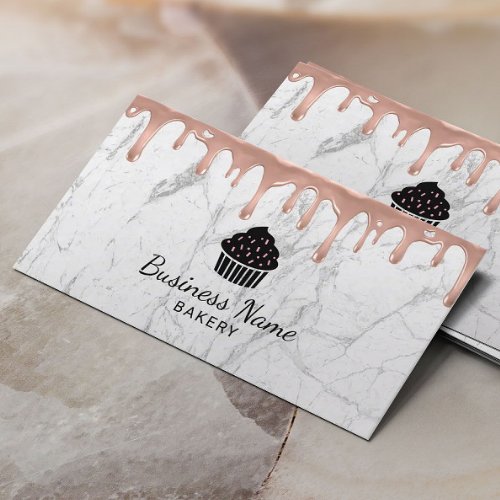 Cupcake Bakery Modern Rose Gold Drip White Marble Business Card