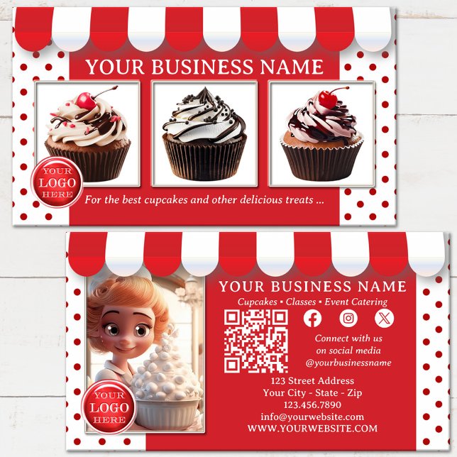 Cupcake Bakery or Ice Cream Parlor Business Card (Bakery or ice cream business card featuring your custom images on a fun design in red and white)