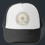 Cupcake Bakery Pastry Cafe Chic Gold Glitter Drips Trucker Hat<br><div class="desc">Present your best self to your clients, whenever your sport this elegant, sophisticated, simple, and modern custom name trucker hat. A sparkly, champagne gold ombre cupcake, script handwritten typography and glitter drips overlay a faux metallic champagne gold ombre circle background. Personalize with your full business name, business, website, phone number,...</div>