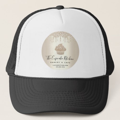 Cupcake Bakery Pastry Cafe Chic Gold Glitter Drips Trucker Hat