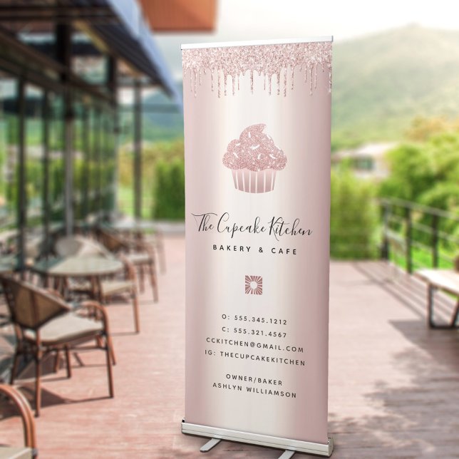 Cupcake Bakery Pastry Café Rose Gold Glitter Drips Retractable Banner (Creator Uploaded)