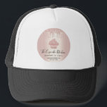 Cupcake Bakery Pastry Cafe Rose Gold Glitter Drips Trucker Hat<br><div class="desc">Present your best self to your clients, whenever your sport this elegant, sophisticated, simple, and modern custom name trucker hat. A sparkly, rose gold ombre cupcake, script handwritten typography and glitter drips overlay a faux metallic rose gold ombre circle background. Personalize with your full business name, business, website, phone number,...</div>